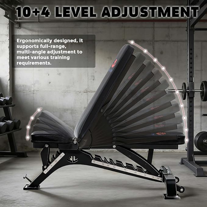 Adjustable Weight Bench 1300 lb Capacity, Foldable Workout Bench with 10 Backrest & 3 Seat Positions, Heavy Duty Home Gym Bench for Incline Decline Flat Dumbbell Training