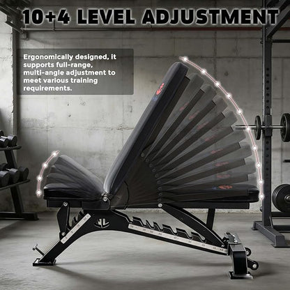 Adjustable Weight Bench 1300 lb Capacity, Foldable Workout Bench with 10 Backrest & 3 Seat Positions, Heavy Duty Home Gym Bench for Incline Decline Flat Dumbbell Training