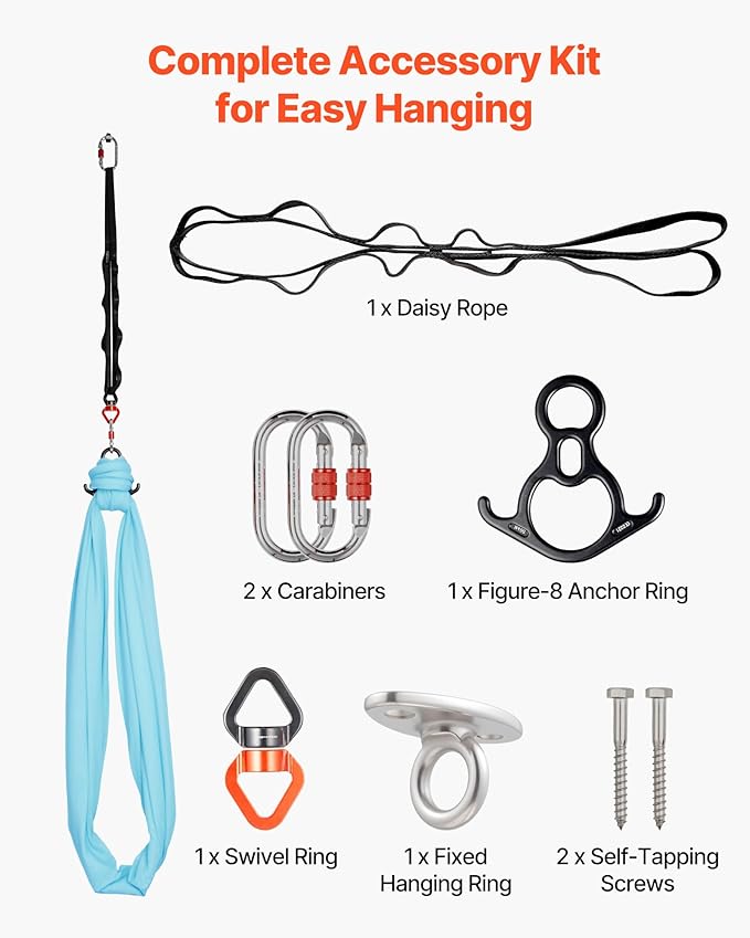 VEVOR Aerial Silk & Yoga Swing, Aerial Yoga Hammock Kit with 100gsm Nylon Fabric, Full Rigging Hardware & Easy Set-up Guide, Antigravity Flying for All Levels Fitness Bodybuilding