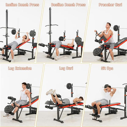 1500LBS 8 in 1 Weight Bench Set with Leg Extension/Curl and Preacher Curl, Bench Press Set and Barbell Rack with Safety Bar Catches, Foldable Workout Benches for Home(US Stock)