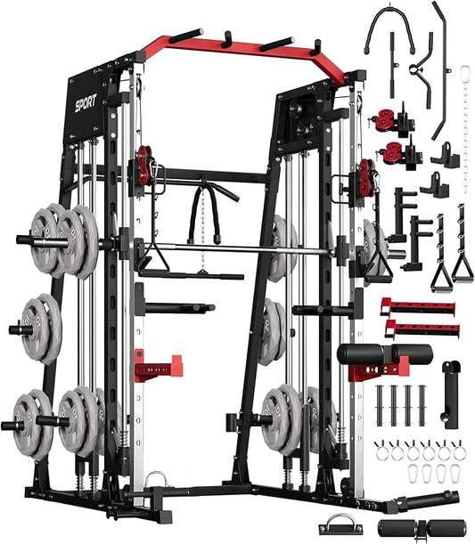 GarveeLife Smith Machine Home Gym All in One, 2200 LBS Squat Rack Power Cage with Smith Bar, LAT Pull-Down, Cable Systems, Leg Hold-Down and More Attachments, Workout Equipment (Red Black)