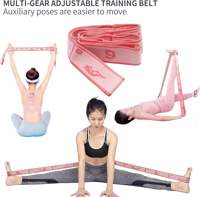 Elastic Yoga Stretching Strap with 9 Loops Pattern Guide, Stretch Straps for Pilates, Dance, Gymnastics Physical Therapy, Multi-Loop Adjustable Exercise Bands