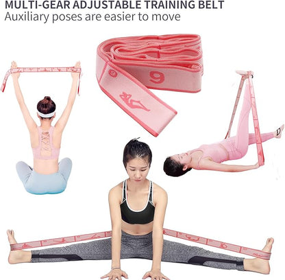 Elastic Yoga Stretching Strap with 9 Loops Pattern Guide, Stretch Straps for Pilates, Dance, Gymnastics Physical Therapy, Multi-Loop Adjustable Exercise Bands