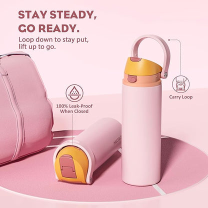 POWCAN 24 oz Insulated Water Bottle with Straw: 2-in-1 Push-Button Spout & Quick-Flip Straw, Leakproof, Cold 24Hrs, Fits Car Cup Holder, Stainless Sports Bottle for Gym, Travel Gift (Peach Store)