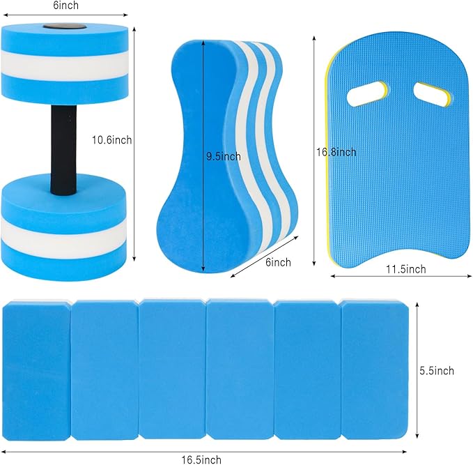 NEAGLORY 5 Pieces Water Aerobics Set, Aquatic Exercise Set Pool Fitness Equipment with Foam Dumbbell, Swim Kickboard, Pull Buoy, Aquatic Swim Belt for Water Workout