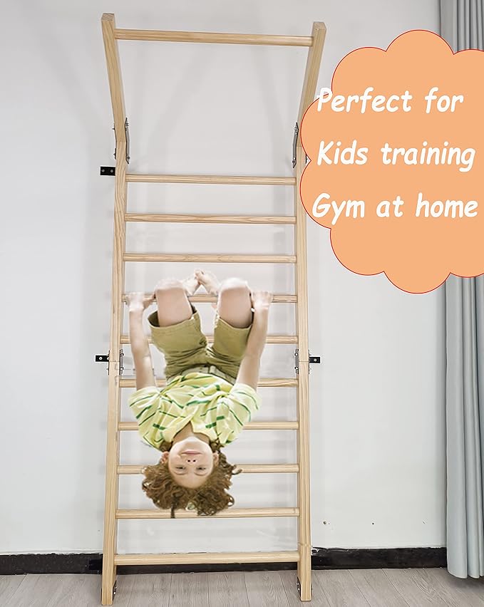 Swedish Ladder,Gymnastics Stall Bar, Wall Mounted Pull Up Bar- Solid Wood With11 Strategic Rods-86.6 Inches Height, 32 Inches Width, Indoor Gym Workout Yoga
