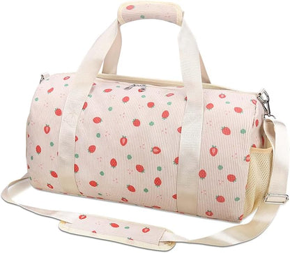 Gym Travel Duffle Bag for Girls - Gymnastics Sports Dance Bag with Shoe Compartment & Wet Pocket Strawberries Kids Travel Bag Teens Weekender Sleepover Carry On Bag