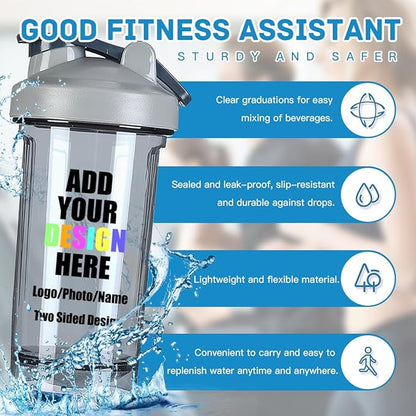 18 Oz Shaker Bottles for Gym, Custom Shaker Bottles with Your Name Photo, Customized Shaker Bottle with Logo for Indoor/Outdoor Workout, Gray