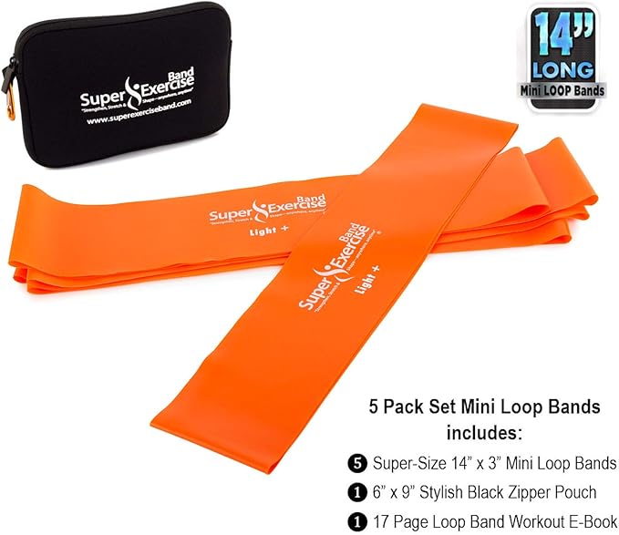 USA 14" x 3" Extra Long Latex Free Mini Loop Bands in 3, 5, 10 Pack Sets. 10 Strengths for Resistance Training, Stretching, Yoga, Toning. Plus an Exclusive iPhone App and E-Book.
