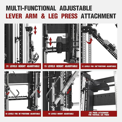 FAGUS Commercial Smithe Machine with Dual Weight Stacks, Power Cage Squat Rack with Lever Arm & Leg Press Attachment, Multi-Function Linear Bearing Cable Crossover Machine for Home Gym