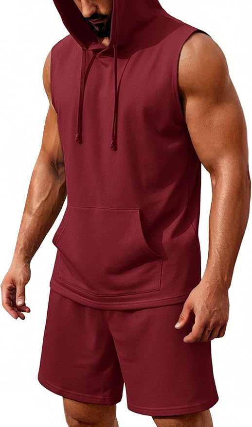 COOFANDY Mens Sleeveless Workout Hoodie Shorts Set 2 Piece Outfits Hooded Tank Tops Gym Tracksuit Sweatsuits