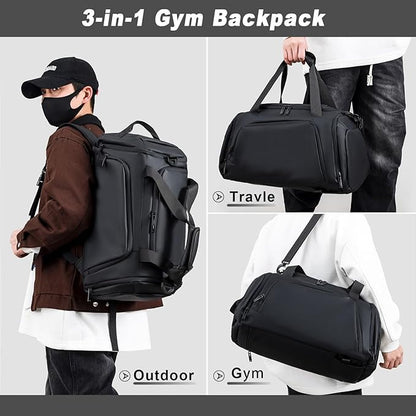 Gym Bag for Men Women 2-in-1 Carry Modes Waterproof Duffle Bag with Shoes Compartment and Wet Pocket Multipurpose Sports Weekender Bags for Travel, Sports, Fitness and Workout,Black