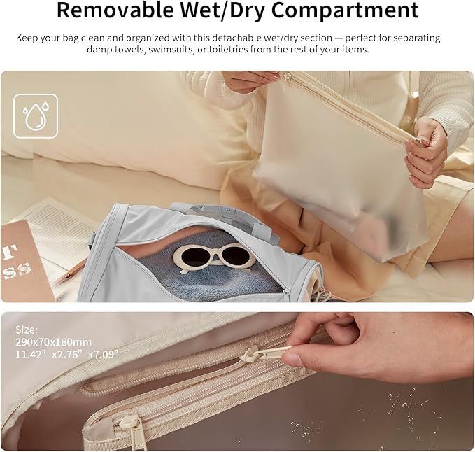 Aji Foldable Travel Duffel Bag for Women with Shoes Compartment, 3 in 1 Carry on Gym Bag with Removable Dry Wet Bag, Lightweight&Water Resistant Duffel Bag for Travel,Sports&Workout, Elegant Gray