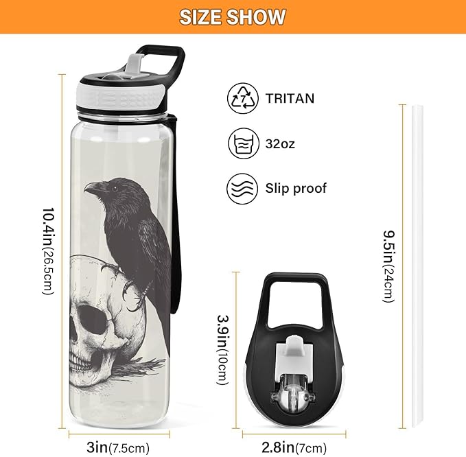 Fustylead Retro Skull and Black Crow 32 oz Water Bottle with Straw, Leakproof Clear Sport Bottles for Women Men Outdoor Sport Drinking