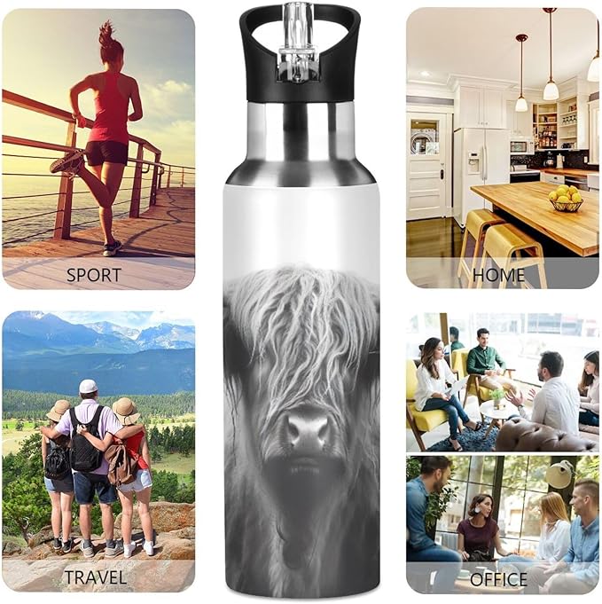Blueangle 20oz Highland Cow Stainless Steel Water Bottle - Leakproof Insulated Metal Sports Bottle for Gym, Camping, Outdoor Fitness & Travel（24）