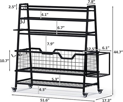 Dual-Sided Dumbbell Rack with Hooks & Wheels, Adjustable Home Gym Storage Rack for Dumbbells, Kettlebells, Balls, Yoga Mats, Ab Roller, Weight Rack Organizer for Workout Equipment