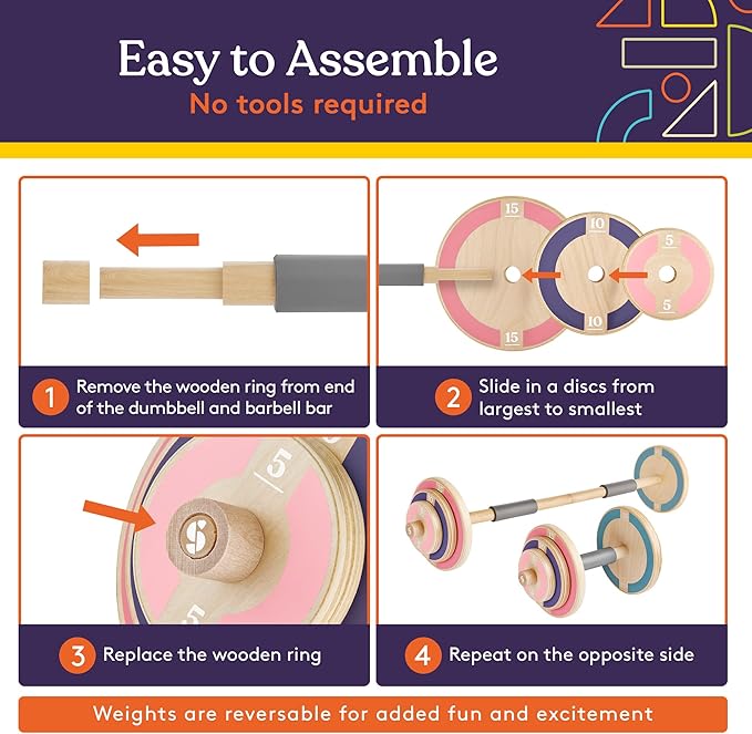 Special Supplies Kids Wooden Workout Play Weights Set - Adjustable Dumbbells and Barbell Set for Home Gym Equipment, Exercise Workout Set for School or Home Fitness Activities, Pastel Colors (Set of 1 Barbell and 2 Dumbbells)