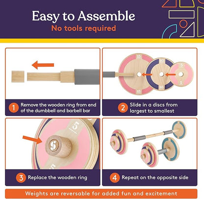 Special Supplies Kids Wooden Workout Play Weights Set - Adjustable Dumbbells and Barbell Set for Home Gym Equipment, Exercise Workout Set for School or Home Fitness Activities, Pastel Colors (Set of 1 Barbell and 2 Dumbbells)