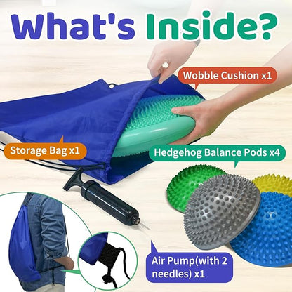 Wobble Cushion Set for Sensory Kids and Balance Training - Disc Plus 4 Pods, Board With Pump, Inflatable Stepping Pads for Adults