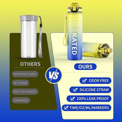 Water Bottle with Straw, 32oz Motivational Water Bottles with Time Marker to Drink, Tritan BPA Free, 1L Sports Water Bottle with Carry Strap LeakProof for Women Gym Fitness Outdoor (1 Pack)