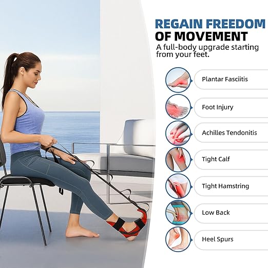 Foot and Calf Stretcher-Stretching Strap For Plantar Fasciitis, Heel Spurs, Foot Drop, Achilles Tendonitis & Hamstring. Yoga Foot & Leg Stretch Strap. (Red)
