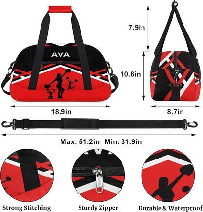 Personalized Cheerleading Dance Bag for Girls, Custom Name Sport Barrel Gym Bag Weekender Bags Carry On Travel Duffel Workout Training Bag, Red Black Cheerleaders Silhouette