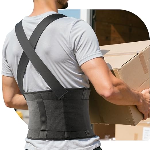 Work Back Brace for Men & Women, Adjustable Lower Back Support Belt with Suspenders for Back Pain Relief, Moving Construction Warehouse Heavy Lifting Safety & Protection (Black, Medium)