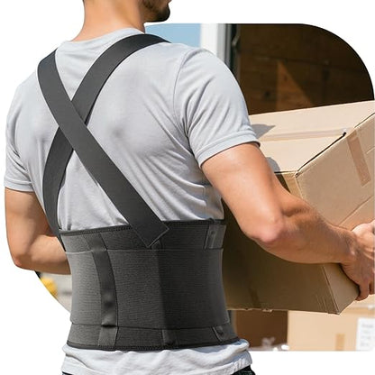 Work Back Brace for Men & Women, Adjustable Lower Back Support Belt with Suspenders for Back Pain Relief, Moving Construction Warehouse Heavy Lifting Safety & Protection (Black, Medium)