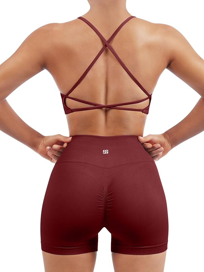 SUUKSESS Women Seamless Workout Sets Strappy Sports Bra High Waist Booty Shorts Outfits