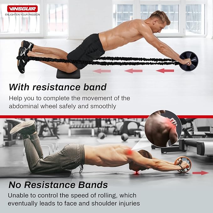 Vinsguir Ab Roller Wheel Kit- Ab workout equipment with Resistance Bands & Knee Mat，Exercise Roller for Core Strength Training & Home Gym Fitness, Abdominal Carver Machine for Men & Women