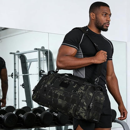 Gym Bag for Men Women 45L Sports Duffle Bag for Travel Tactical Military Duffel Bag with Shoe & Laptop Compartment Lightweight Medium Weekender Travel Bags for Fitness Training Workout, Camo