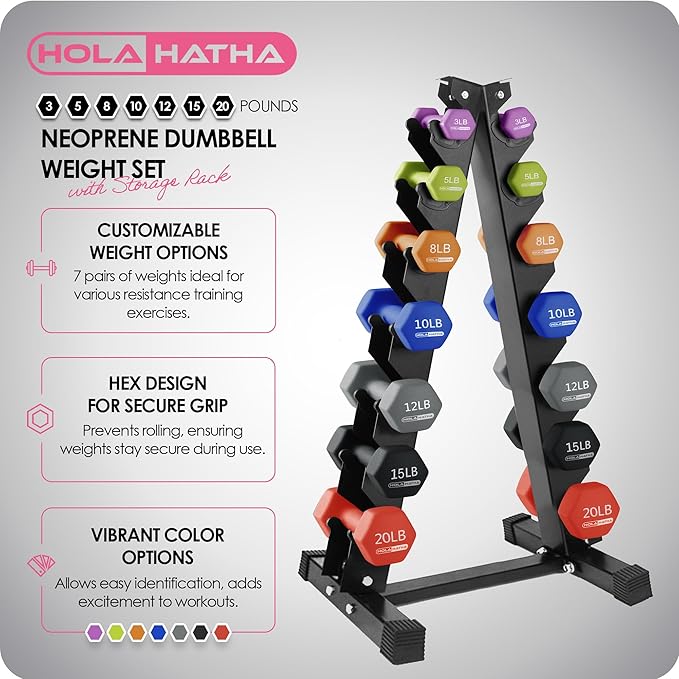 HolaHatha 2, 3, 5, 8, and 10 Pound Neoprene Dumbbell Free Hand Weight Set with Rack, Ideal for Home Exercises to Gain Tone and Definition, Pastel