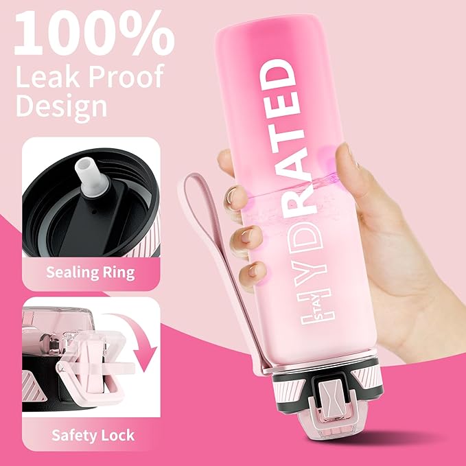 Water Bottle with Straw, 27oz Motivational Water Bottles with Time Marker to Drink, Tritan BPA Free, 750ml Sports Water Bottle with Carry Strap LeakProof for School Fitness Outdoor (1Pack)