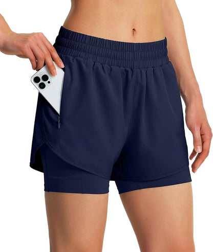 Ksmien Women's 2 in 1 Running Shorts Quick Dry Athletic Gym Workout Shorts with Liner Phone Pockets