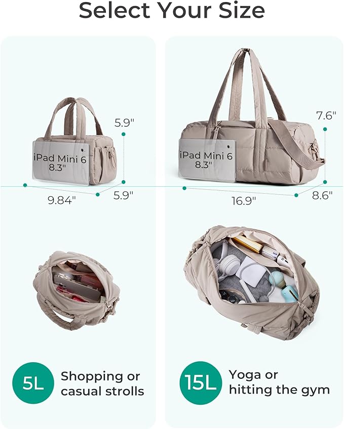 BAGSMART Reiki Gym Bag for Women, Mini/Medium Crossbody Bags for Women, 5L Dance Bag with Detachable Strap, 15L Yoga Mate Bag with Wet & Dry Pocket, Mini/Sand Brown