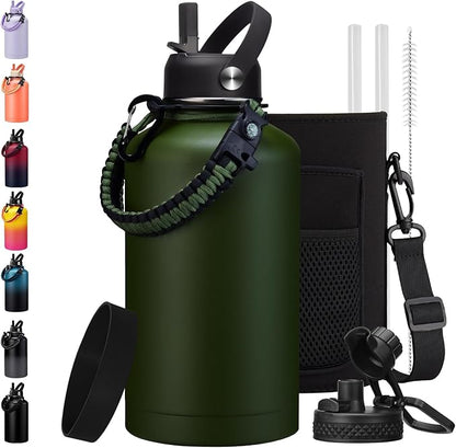 64 oz Canteen Water Bottle with Strap Tactical Half Gallon Insulated Jug Cold for 48 Hrs Stainless Steel Military Large Flask with Spout Lids, Carrier Bag Ideal for Hunting Survival Hiking Camping