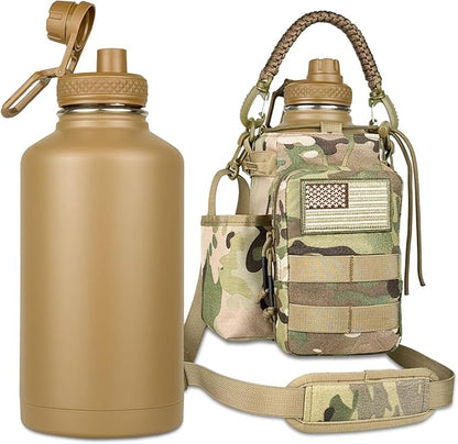 COOLYARD Half Gallon Water Bottle Insulated with Sleeve-64 oz Stainless Steel Water Jug with Strap Paracord Handle Metal Sport GYM Water Bottles for Men Women Hunting Hiking Travel Biking Camo CP
