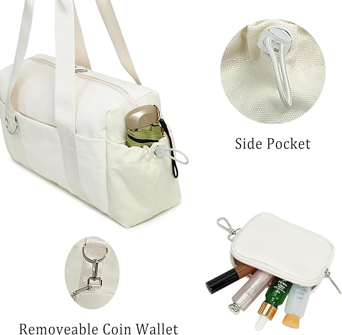 Everyday Mini Gym Bag for Women 2.0, Small Tote with Zipper Compartment Waterproof Travel Duffle Cute Handbag Workout Carry On with Removeable Shoulder Strap & Coin Wallet Easy to Clean - Beige