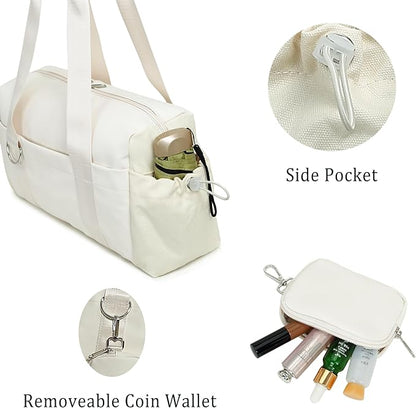 Everyday Mini Gym Bag for Women 2.0, Small Tote with Zipper Compartment Waterproof Travel Duffle Cute Handbag Workout Carry On with Removeable Shoulder Strap & Coin Wallet Easy to Clean - Beige