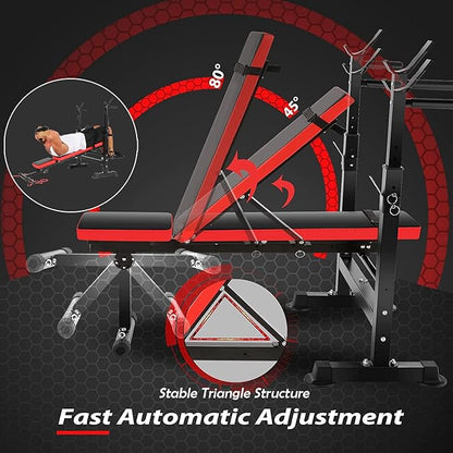 OPPSDECOR 600LBS 6 in 1 Weight Bench Set, Adjustable Bench Press Set and Squat Rack, Foldable Workout Benches for Home Gym, Incline Decline Flat Sit Up Strength Training Bench