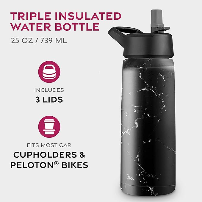 FineDine Triple Walled, Insulated Water Bottles with Straw - 25 Oz Stainless Steel Metal Bottle W/ 3 Leak Proof Lids - For Travel, School, Sports, Gym/Men, Women & Kids - Polished Raven Marble