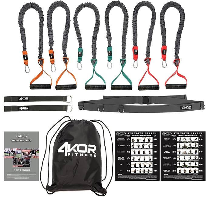 4KOR Cross Anchor Shoulder Performance Training System. Resistance Cords with Handles and Dynamic Workout Guide. Exercise Bands with Nylon Sleeves, Rubber Grips, and Carry Bag for Rehab and Strength