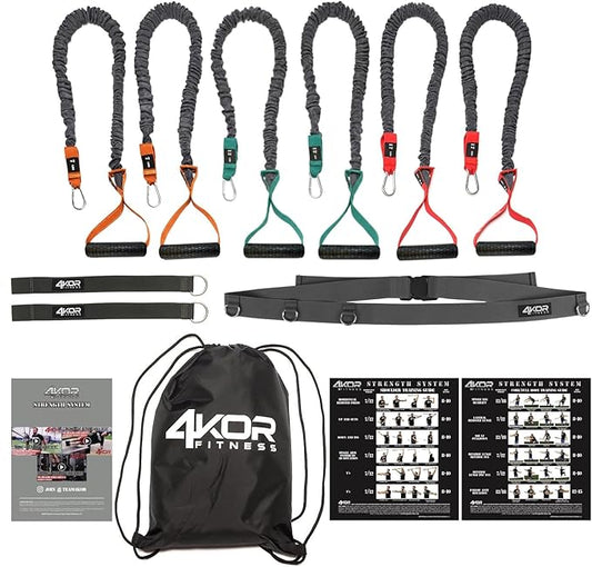 4KOR Cross Anchor Shoulder Performance Training System. Resistance Cords with Handles and Dynamic Workout Guide. Exercise Bands with Nylon Sleeves, Rubber Grips, and Carry Bag for Rehab and Strength