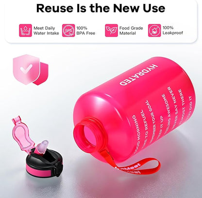 Motivational Gallon Water Bottle, BPA Free, Large Sport Water Jug with Handle & Straw, for Fitness, Outdoor, Gym, Travel, Camping, Office (Pink)