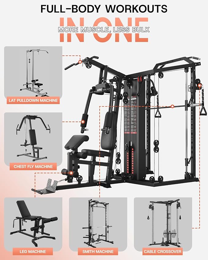 DM01 Dual-Station Smith Machine Home Gym, 140LB Weight Stack with LAT Pull-Down & Leg Press, All-in-One Workout Station for Couples & Family Strength Training