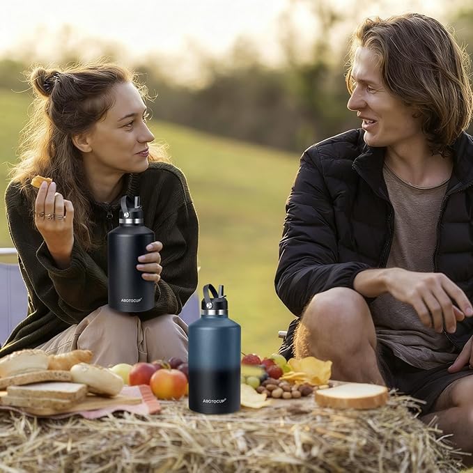 Gallon Water Bottle,128oz Stainless Steel Water Bottles Insulated,Double Wall & Leak Proof, Travel,Football,Gym,Camping Essentials,Keep Cold All Day,Black