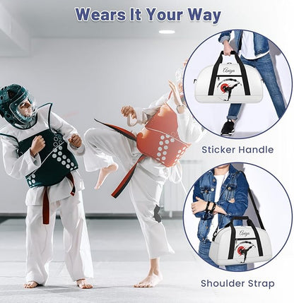 Custom Name Taekwondo Karate Duffle Bag for kids Girls - Personalized Martial Arts Gear Bag, Water-Resistant Sparring Equipment Bag, Taekwondo White