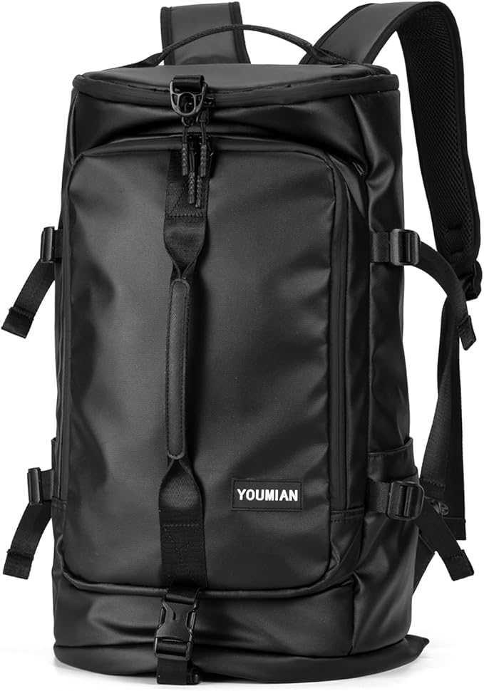 Duffel Bag with Shoe Compartment Travel Backpack Men and Women Waterproof for Gym Motorcycle Helmet (Black)