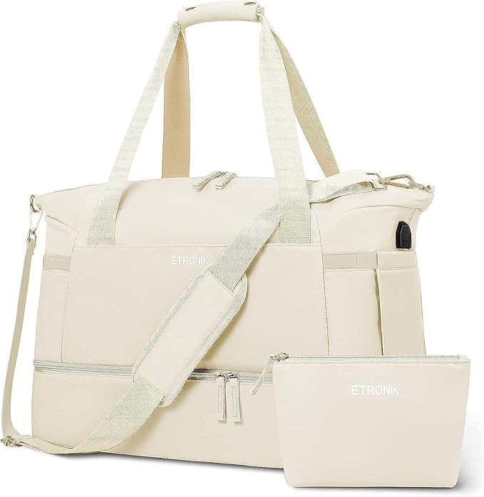 ETRONIK Gym Bag for Women, Personal Item Travel Bag with Shoes Compartment, Weekender Overnight Duffel Bag with Wet Pocket & USB Charging Port, Carry On Bag for Women, Travel, Gym, Weekend (Beige)