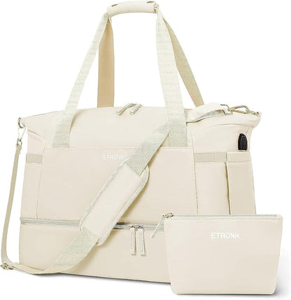 ETRONIK Gym Bag for Women, Personal Item Travel Bag with Shoes Compartment, Weekender Overnight Duffel Bag with Wet Pocket & USB Charging Port, Carry On Bag for Women, Travel, Gym, Weekend (Beige)